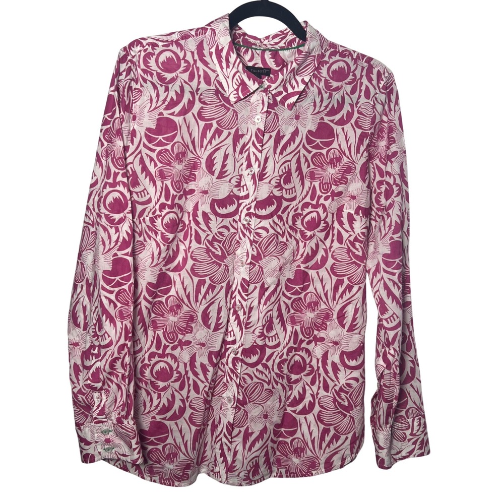 Talbots Womens Pink Floral Cotton Button Down Shirt Large Office Lightweight